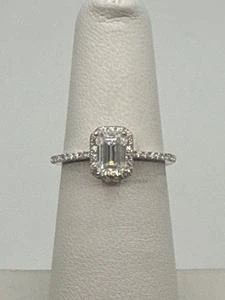 Moissanite .75ct Halo Emerald Cut Sterling Silver Ring Size 5