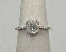 Moissanite .75ct Halo Emerald Cut Sterling Silver Ring Size 5
