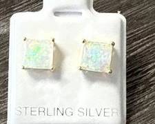 Princess-Cut Lab-Created Opal Studs Set in a Sterling Silver Setting