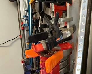 Assorted Woodworking Clamps Lot with Clamp Rack