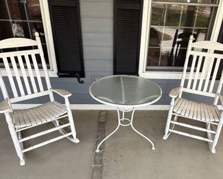 White Wooden Rocking Chairs with Glass Top Table Set