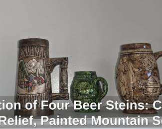 Collection of Four Beer Steins Ceramic with Relief, Painted Mountain Scene, Miniature Green, and Pewter