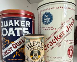 Vintage Quaker Oats, Royal Baking Powder, Cracker Jack Tins