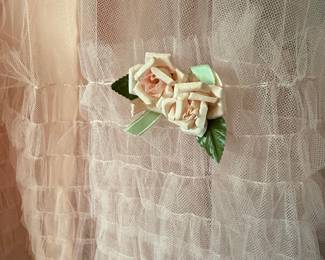 1950s Pink Tulle Strapless Gown with Ruffle Tiers & Floral Appliques