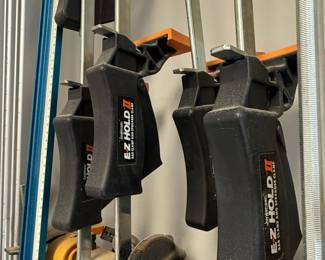 Assorted Woodworking Clamps Lot with Clamp Rack