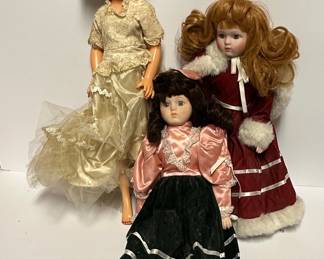 Vintage Porcelain Dolls (2) and Plastic Fashion Doll (1)