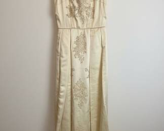 1950s Beaded Ivory Silk Satin Evening Gown