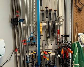 Assorted Woodworking Clamps Lot with Clamp Rack