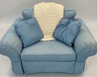Light Blue Denim Upholstered Armchair with Skirted Base