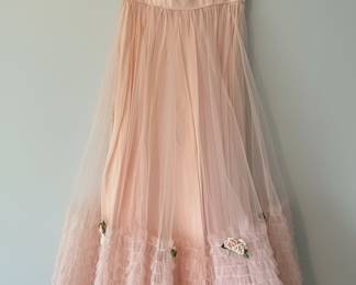 1950s Pink Tulle Strapless Gown with Ruffle Tiers & Floral Appliques