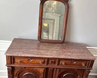 Vintage Marble Top Buffet W Wood Framed Mirror