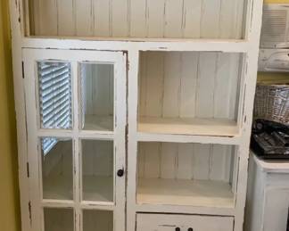 White Distressed Vintage Wood And Glass Door Kitchen Hutch