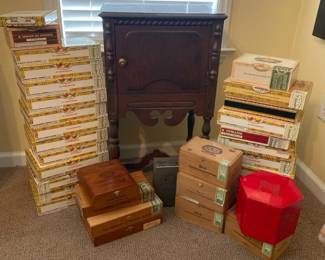 Vintage Wooden Standing Humidor Smoking Cabinet, Cigar Boxes, And Smoking Accessories 
