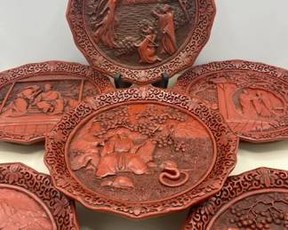 Complete Set Of Six Oriental Cinnabar Collectors Plates The Legend Of The Peacock Maiden 