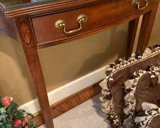 Cherry entry, wood table with single drawer and glass top