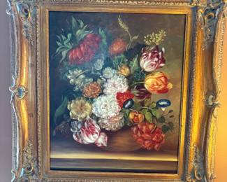 gold-leaf framed acrylic - floral with art lamp