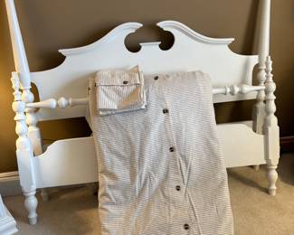 Another view of the poster Queen bed with headboard, footboard and side rails - easy to transport and the queen cream and taupe striped duvet with shams