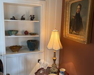 Porcelain, cloisonné , and pottery pieces, oil painting in golf leaf frame, bronze, and stone sculptures