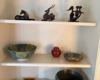 Bronze and stone figurines Asian porcelain, cloisonné, and pottery pieces