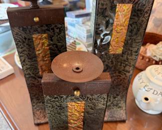3 distinctive art glass and metal candle sticks