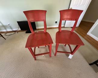 Pair painted wooden armchairs...faint large stripes on the seats