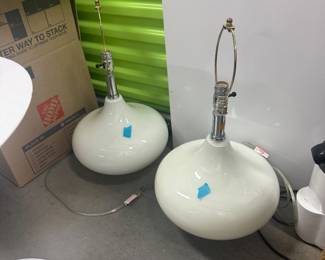 Pair of Mid-Century Modern White Glazed Ceramic Table Lamps Copy Listing Print Label - Asking $150 for the pair.