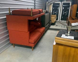 Mid-Century Style Orange/Red Fabric Sofa - Two available - Asking $300 each