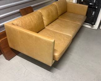 Contemporary Camel Leather Three-Seater Sofa with Tapered Legs - $600
