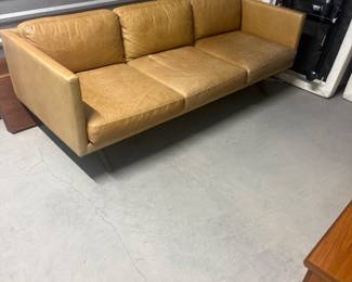 Contemporary Camel Leather Three-Seater Sofa with Tapered Legs - $600