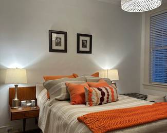 This picture is for staging purposes only to showcase the lamps and MCM bed . Vintage Mid-Century Modern Teak Headboard with Floating Nightstands - $600