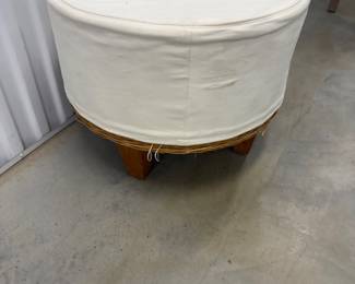 Rattan & Upholstered Round Ottoman Stool Mid-Century Style - $75