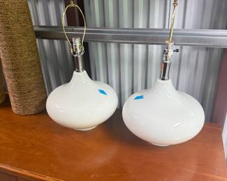 Pair of Mid-Century Modern White Glazed Ceramic Table Lamps Copy Listing Print Label - Asking $150 for the pair.