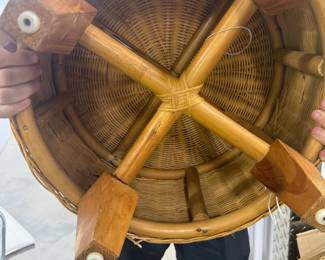 Rattan & Upholstered Round Ottoman Stool Mid-Century Style - $75