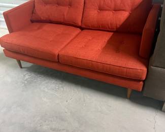 Mid-Century Style Orange/Red Fabric Sofa - Two available - Asking $300 each