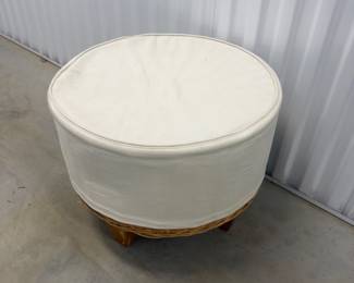 Rattan & Upholstered Round Ottoman Stool Mid-Century Style - $75