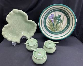 Pottery Bowl With Ceramic Jars And Plate