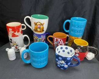 Collection of Disney Mugs with Mickey Ear Salt and Pepper Shakers