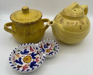 Hall China Parade Pattern Teapot with De Silva Lidded Pot and Hand Painted Double Dish