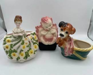 3 Vintage Pottery Planters including Hull Pottery Baby Reubens Southern Belle and Royal Copley Dog