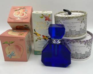 Avon Pretty Peach Cologne and Soap with Blue Glass Fragrance Bottle and Perfume Powders Wind Song