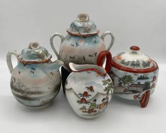 Hand Painted Japanese Kutani Porcelain Teapot with Cream Pitcher Lidded Bowls