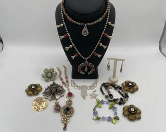 Collection of Costume Jewelry with Squash Blossom Style Necklace Pendants and More
