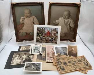Collection of Vintage Photos with Two Frames Replica Bank Notes and Souvenir Prints