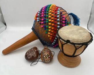 Large Shekere Shaker with Hide Drum and Two Handmade Whistles