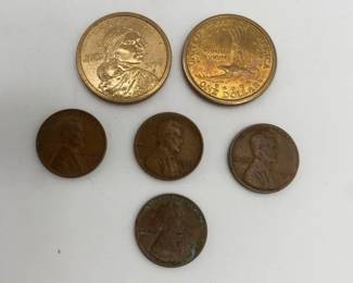 Four Wheat Pennies with Two Sacagawea Dollars