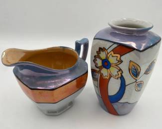 Japanese Art Deco Hand Painted Lusterware Ceramic Vase and Pitcher