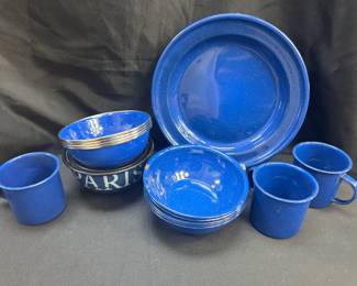 Blue Enamelware Speckled Plates Bowls Cups