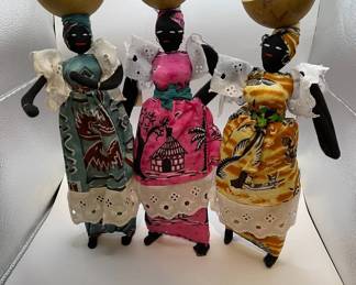 Three Handmade Gambian Cloth Dolls With Stands