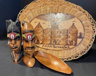 Handmade In Gambia Placemats Of Wood  Rattan Wooden Carved Tribal Men And Small Dish
