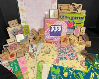 Vintage Collection Of Stamps With Origami Paper And Craft Paper